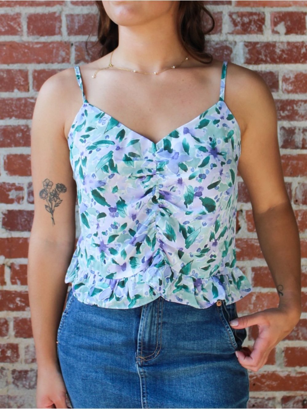 Grade & Gather Ruched Floral Ruffle Cami in Lavender and Green